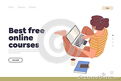 Best free online course concept for landing page with happy woman watching webinar on laptop Vector Illustration