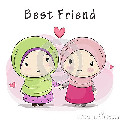 Best Friend of Two Cute Muslim Girls Cartoon Vector Illustration