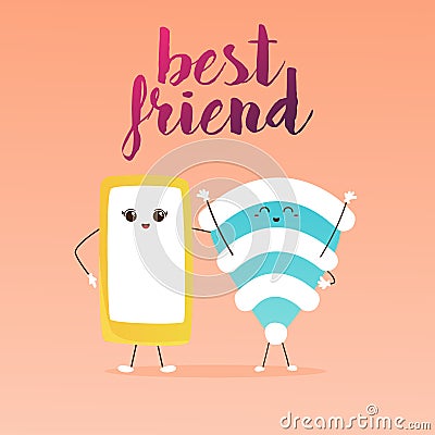 Best friends. Cute cartoon phone and Wifi. Technology concept. Vector Illustration