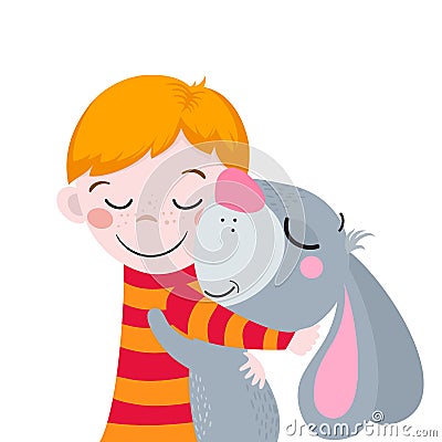 Best friends. Cute cartoons boy and rabbit. Suitable for Easter design. Vector Illustration