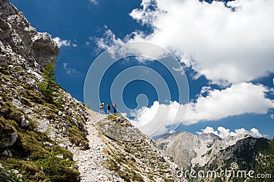 Best friends hiking on a gorgeous Alpine slope on a sunny summer day Editorial Stock Photo