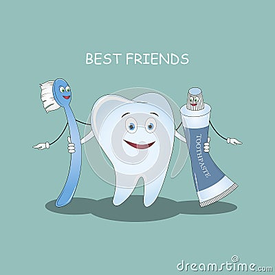 Best Friends teeth. illustration. Illustration for children dentistry and orthodontics. Image toothbrush, tooth paste and t Cartoon Illustration