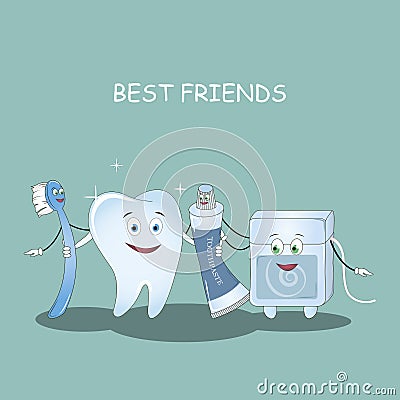 Best Friends teeth. Vector. Illustration for children dentistry and orthodontics. Image toothbrush, tooth paste , den Cartoon Illustration