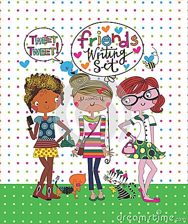 best friends three fashion girls vector art Vector Illustration