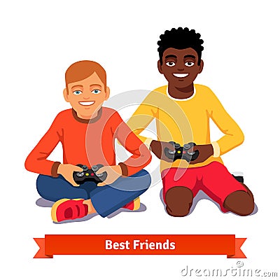 Best friends video gaming together on the floor Vector Illustration