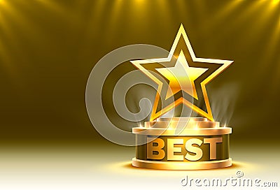 Best golden cup star winner, Stage Podium Scene with for Award Ceremony on Night Background. Vector Illustration