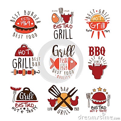 Best Grill Bar Promo Signs Series Of Colorful Vector Design Templates With Food Silhouettes Vector Illustration