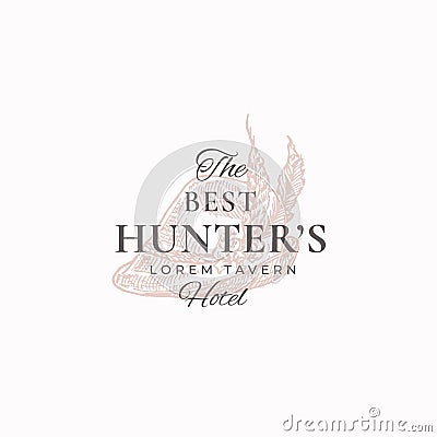 Best Hunter Tavern Abstract Vector Sign, Symbol or Logo Template. Elegant Tyrolean Hat with Feathers Sketch with Classy Vector Illustration