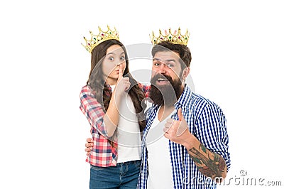 Best kept secret. Little princess keep finger on mouth with secret. Silence gesture. Big boss show thumbs up. Happy Stock Photo