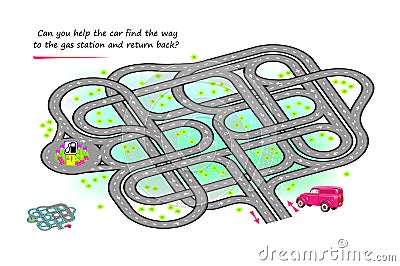 Best labyrinths. Can you help the car find the way to the gas station and return back? Logic puzzle game. Brain teaser book with Vector Illustration