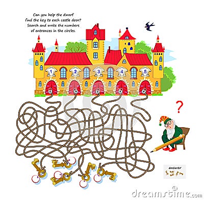 Best labyrinths. Can you help the dwarf find the key to each castle door? Write the numbers of entrances in the circles. Logic Vector Illustration
