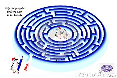 Best labyrinths. Help the penguin find the way to his friends. Logic puzzle game. Brain teaser book with maze. Kids activity sheet Vector Illustration