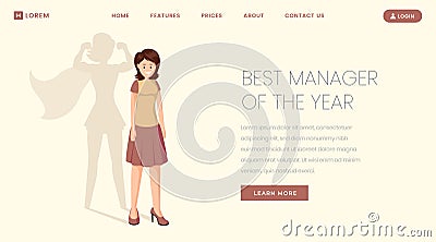 Best manager landing page vector template. Super worker, employee of year website, webpage. Young girl, office worker Vector Illustration