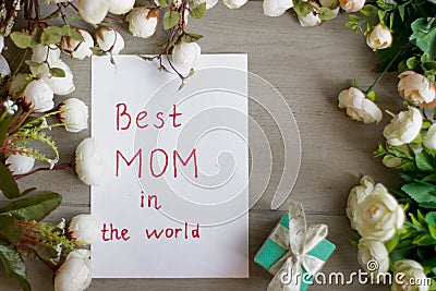 Gifts and greetings for mother`s day. Best mom in the world Stock Photo