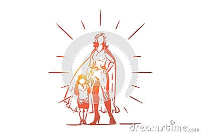 Best mother and daughter holding hands, female superhero in costume with cape, little girl with parent, motherhood Vector Illustration