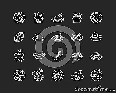Best national dish chalk white icons set on black background Vector Illustration
