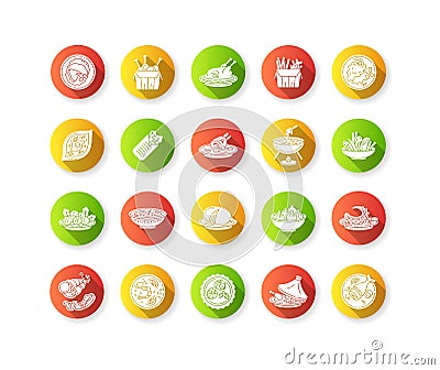 Best national dish flat design long shadow glyph icons set Vector Illustration