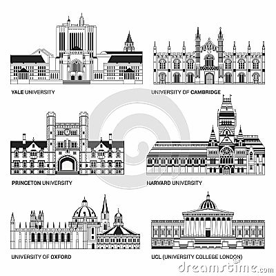 Best National Universities. Flat Buildings of Yale, Oxford, Harvard and Cambridge, Princeton and UCL University College Vector Illustration