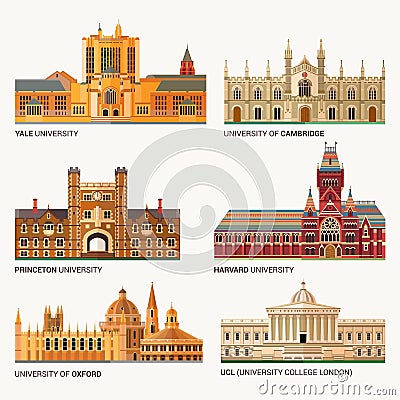 Best National Universities. Flat Buildings of Yale, Oxford, Harvard and Cambridge, Princeton and UCL University College Vector Illustration