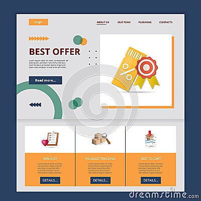 Best offer flat landing page website template. Wishlist, package tracking, add to cart. Web banner with header, content Vector Illustration
