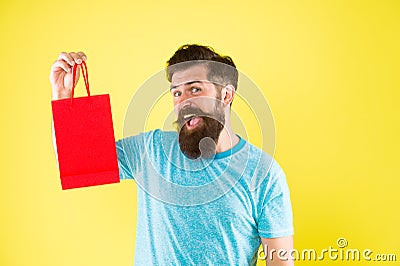 Best offer. Man with gift package. Buy product. little pleasantness. bearded man go shopping. mall for men. mature male Stock Photo