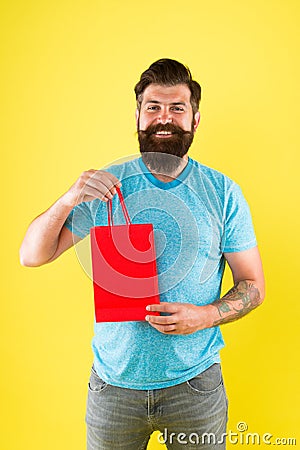 Best offer. Man with package. cyber monday concept. little pleasantness. bearded man go shopping. store for men. mature Stock Photo