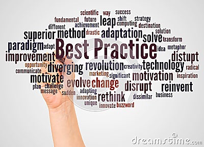 Best Practice word cloud and hand with marker concept Stock Photo