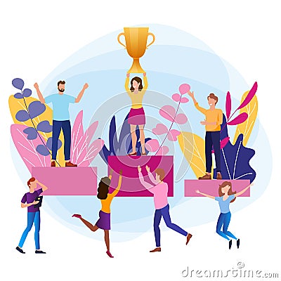 Best result winner prize. Happy people take first, second and third places on the podium. Vector Illustration