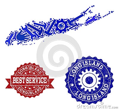 Best Service Composition of Map of Long Island and Textured Watermarks Vector Illustration