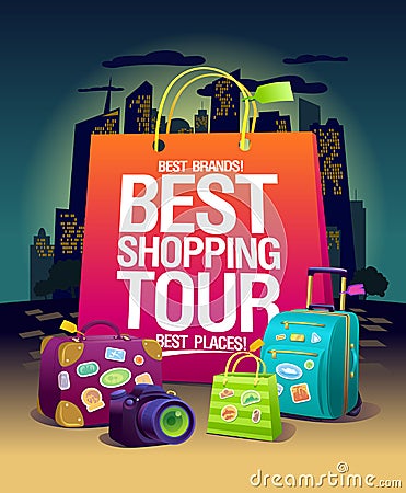 Best shopping tour vector poster, night shopping in big city concept, pink paper bag, suitcases and camera, Vector Illustration