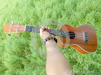 The Best Stock Image of Ukulele Instrument with natural environment, A hand of music. Nature Sounds-Nature Music - nature lovers Stock Photo