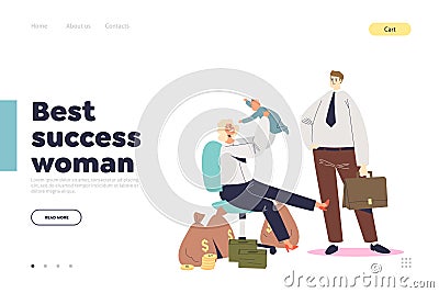 Best successful woman concept of landing page with businesswoman mother with kid at workplace Vector Illustration