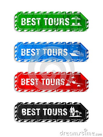 Best tours stickers set in grunge design style vector Vector Illustration