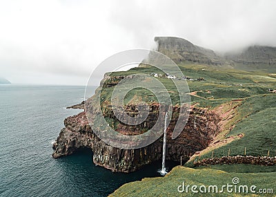 The best view of Mulafossur, a stunning waterfall in the Faroe Island of Vagar Stock Photo