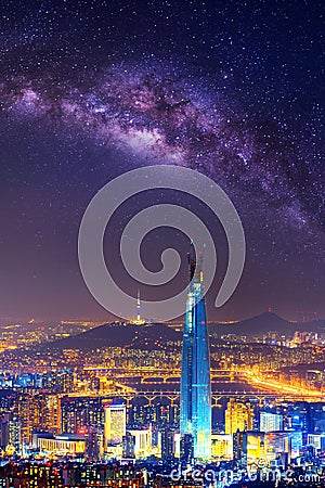 The best view of South Korea with Lotte world mall and Milky way at Namhansanseong Fortress. Stock Photo