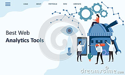 Best Web Analytics tools. Mockup landing page website design. Modern trend flat design concept of web page design for Vector Illustration