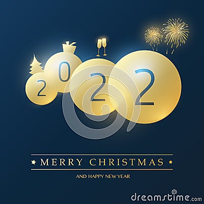 Best Wishes for Christmas and Winter Holidays - Golden and Dark Blue Happy New Year Card Background Design with Round Numerals Vector Illustration