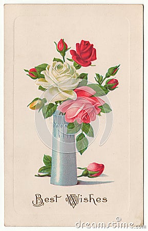 Best Wishes Roses in Vase Vintage Postcard Stock Photo