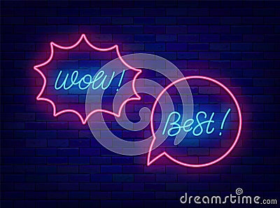 Best, wow neon lettering with speech bubble. Shiny calligraphy. Glowing text. Social media message. Vector illustration Vector Illustration