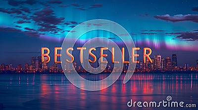 Bestseller Neon Sign Illuminating City Skyline Under Northern Lights Stock Photo