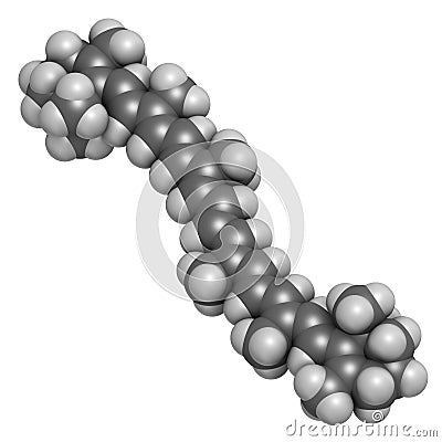 Beta-carotene pigment molecule. 3D rendering. Atoms are represented as spheres with conventional color coding: hydrogen white, Stock Photo