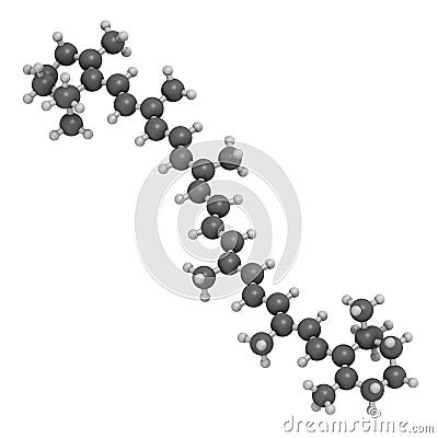 Beta-carotene pigment molecule. 3D rendering. Atoms are represented as spheres with conventional color coding: hydrogen white, Stock Photo