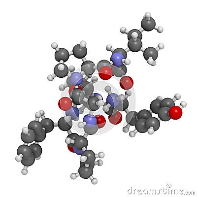 Beta-casomorphin peptide 7 molecule. Breakdown product of casein that may play a role in human diseases. 3D rendering. Atoms are Stock Photo