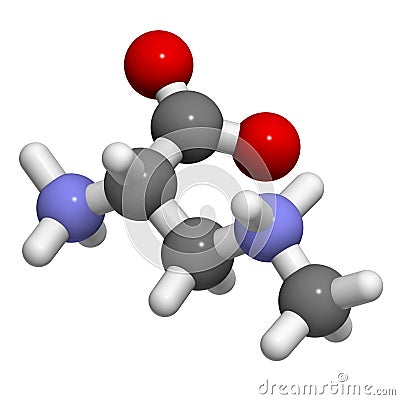 beta-Methylamino-L-alanine (BMAA) toxic amino acid molecule. Produced by cyanobacteria. 3D rendering. Atoms are represented as Stock Photo
