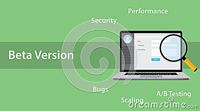 Beta version software concept with laptop and magnifying glass error bug Vector Illustration