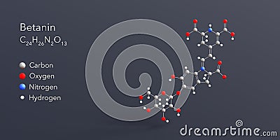 betanin molecule 3d rendering, flat molecular structure with chemical formula and atoms color coding Stock Photo