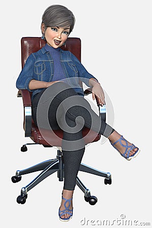 Pretty middle-aged woman sitting in an office chair smiling on an isolated white background Stock Photo