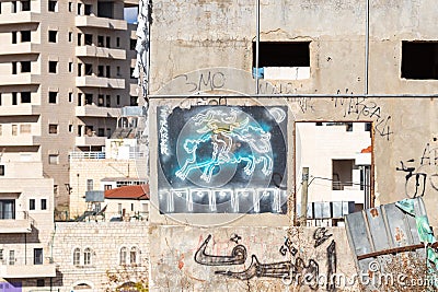 A drawing of a prophet galloping on a horse on the wall of a building on Star Street in Bethlehem in the Palestinian Authority, Editorial Stock Photo