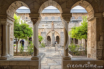 Bethlehem Israel 14th September 2017 Â  View of the patio from the cloister through the pillars of the church or nativity Editorial Stock Photo