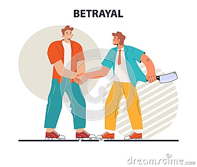 Betrayal concept. Dishonest partnership or fake agreement. Hidden threat. Vector Illustration